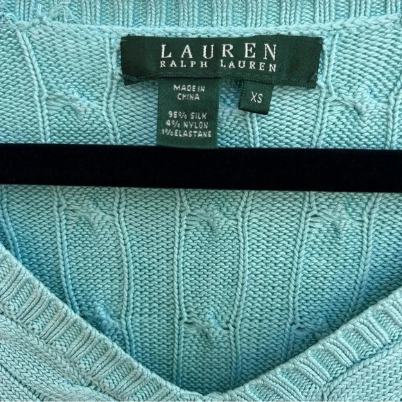 Ralph Lauren Preppy Old Money Silk Cable Knit V-Neck Sweater Soft Aqua Blue / XS - Picture 3 of 3